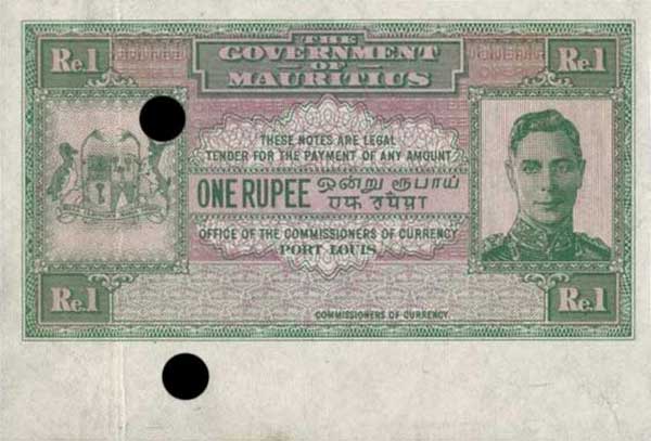 Front of Mauritius p26r: 1 Rupee from 1940
