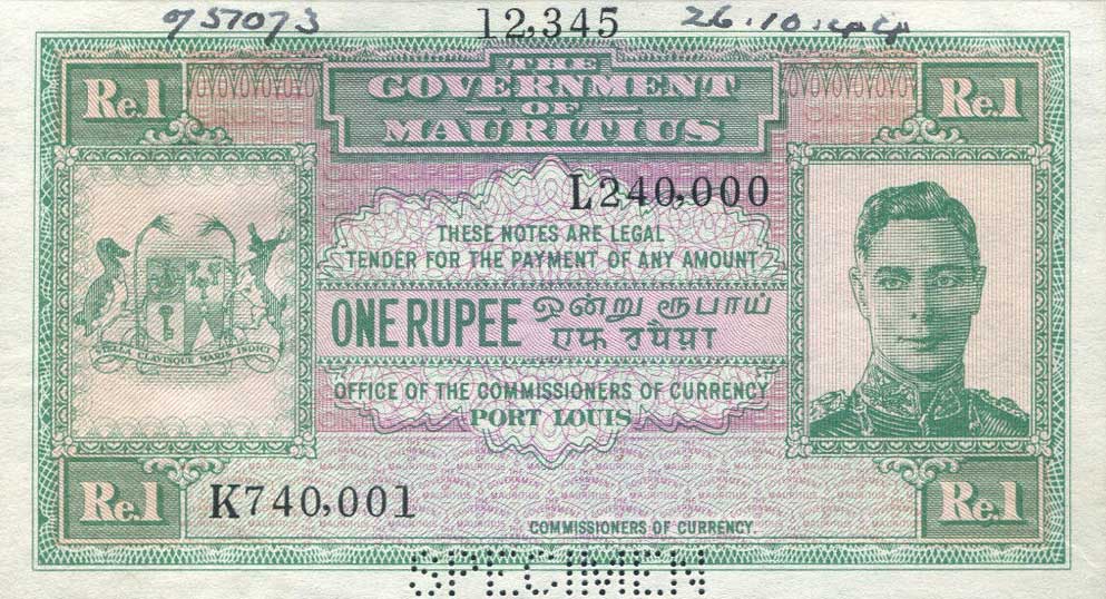 Front of Mauritius p26s: 1 Rupee from 1940
