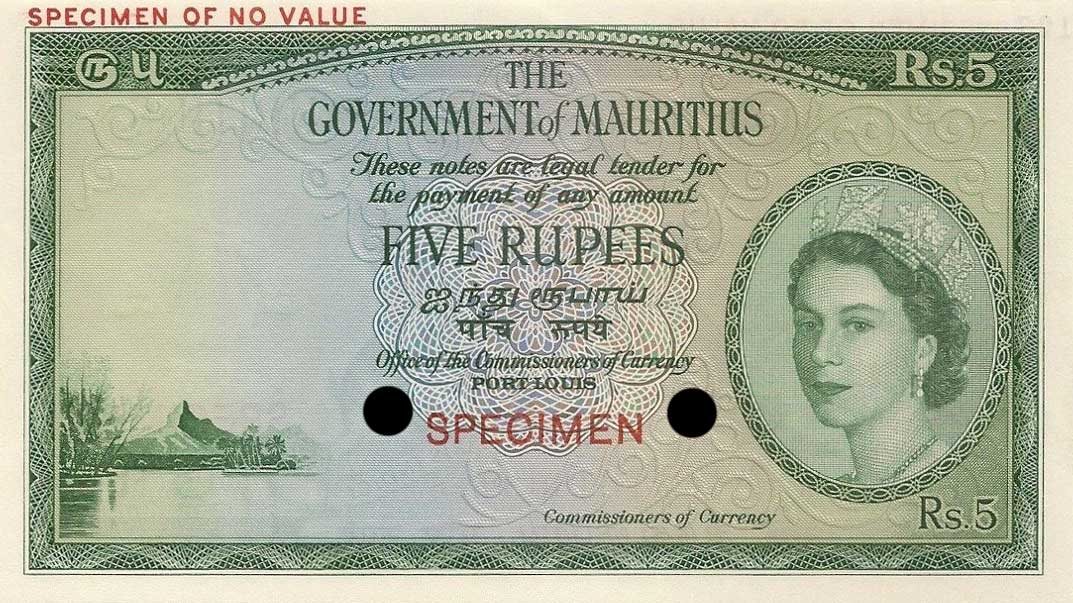 Front of Mauritius p27ct: 5 Rupees from 1954