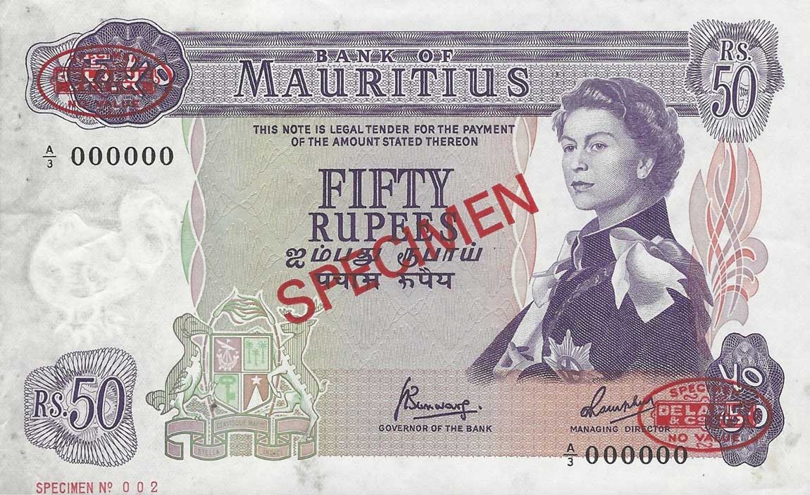 Front of Mauritius p33s: 50 Rupees from 1967