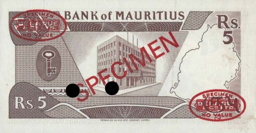 Back of Mauritius p34s: 5 Rupees from 1985