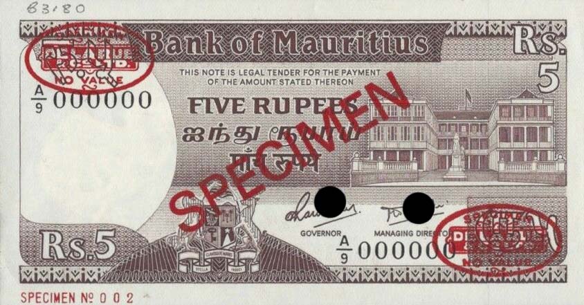 Front of Mauritius p34s: 5 Rupees from 1985