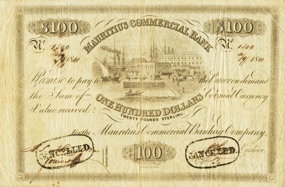 Front of Mauritius pS127a: 100 Dollars from 1839