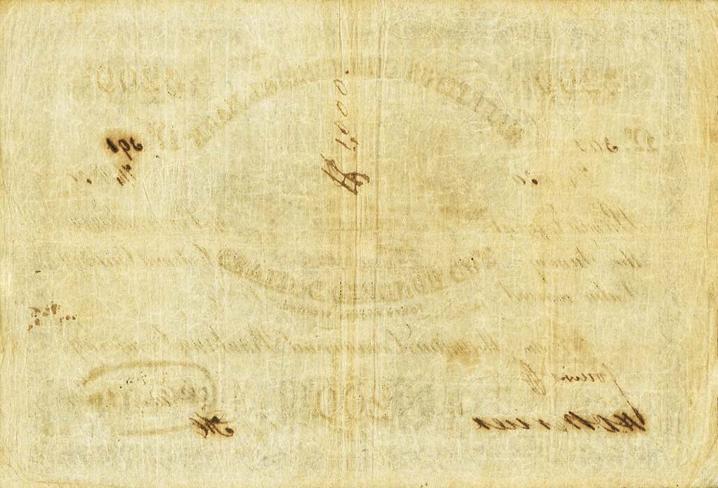 Back of Mauritius pS128: 200 Dollars from 1839