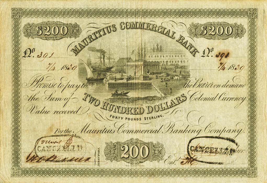 Front of Mauritius pS128: 200 Dollars from 1839