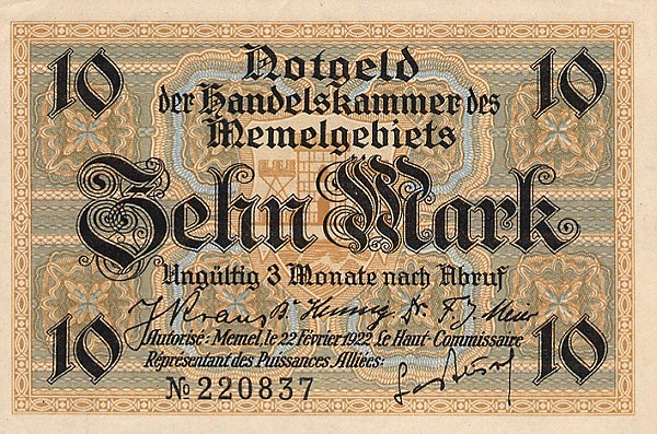 Front of Memel p5a: 10 Mark from 1922