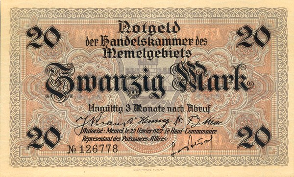 Front of Memel p6b: 20 Mark from 1922
