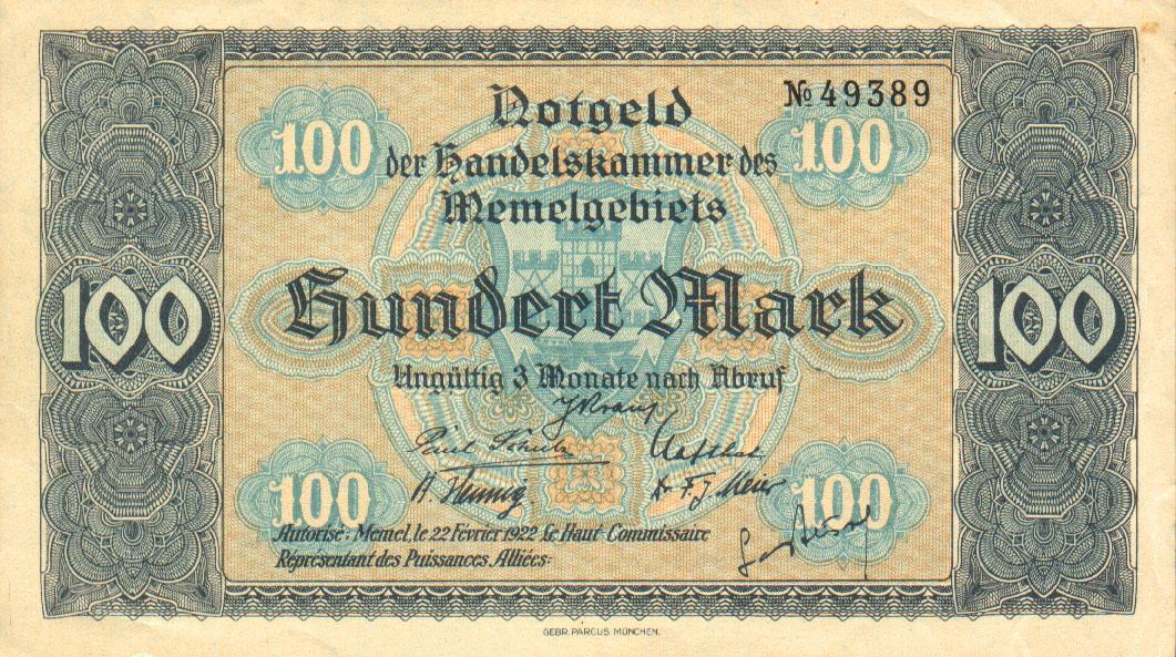 Front of Memel p9: 100 Mark from 1922