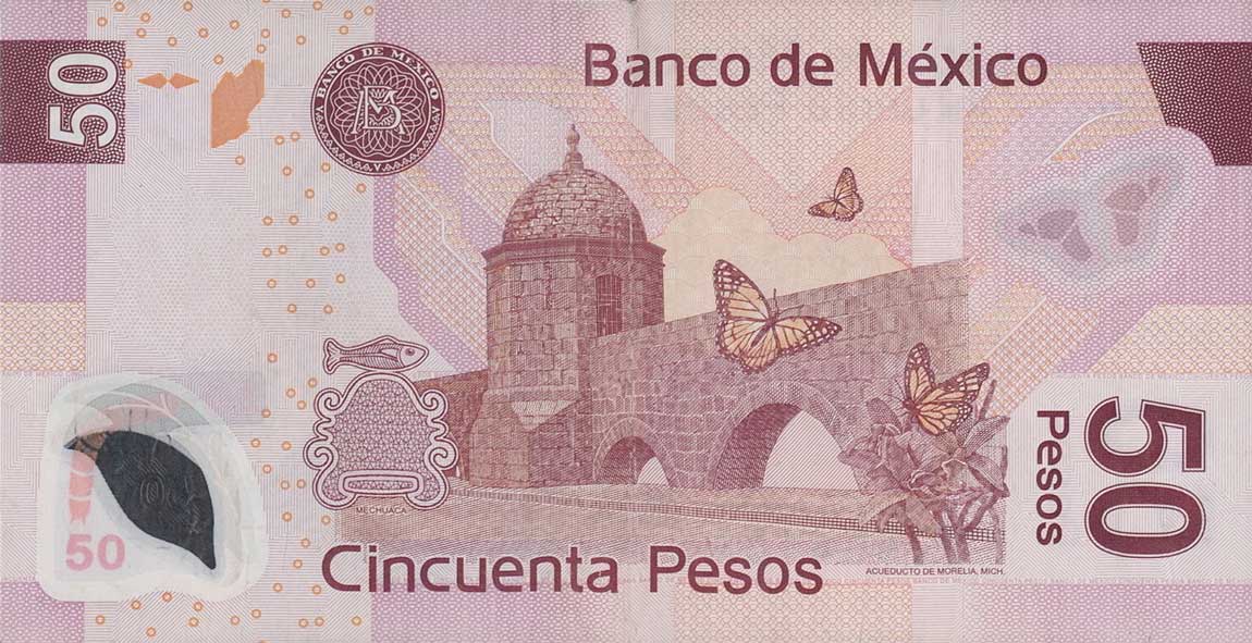 Back of Mexico p123k: 50 Pesos from 2008
