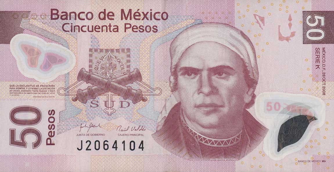Front of Mexico p123k: 50 Pesos from 2008
