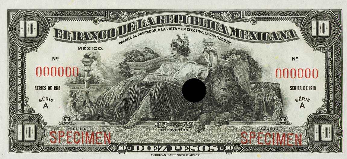 Front of Mexico p12s: 10 Pesos from 1918