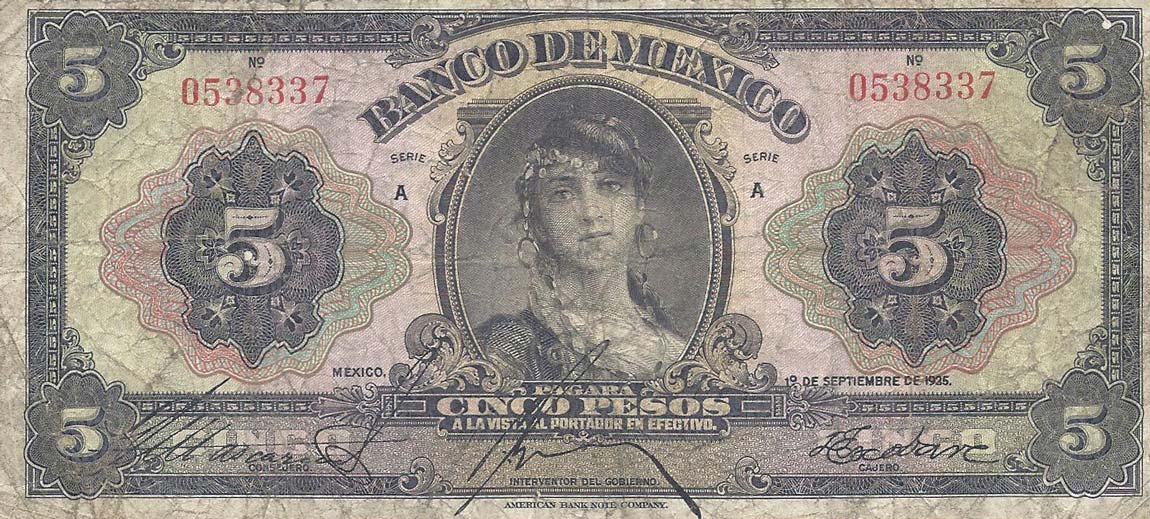 Front of Mexico p21a: 5 Pesos from 1925