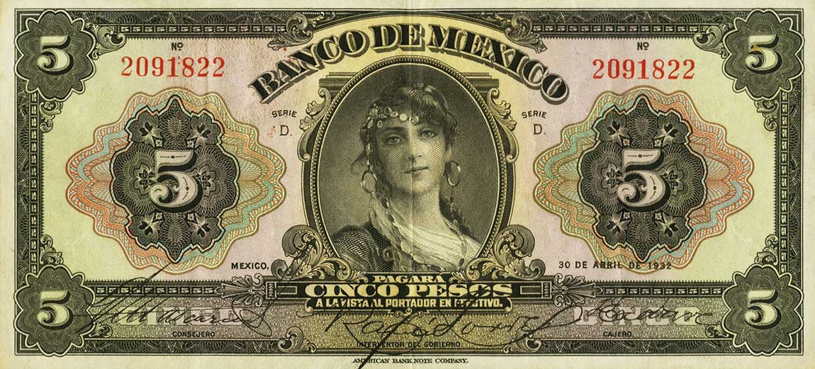 Front of Mexico p21c: 5 Pesos from 1932