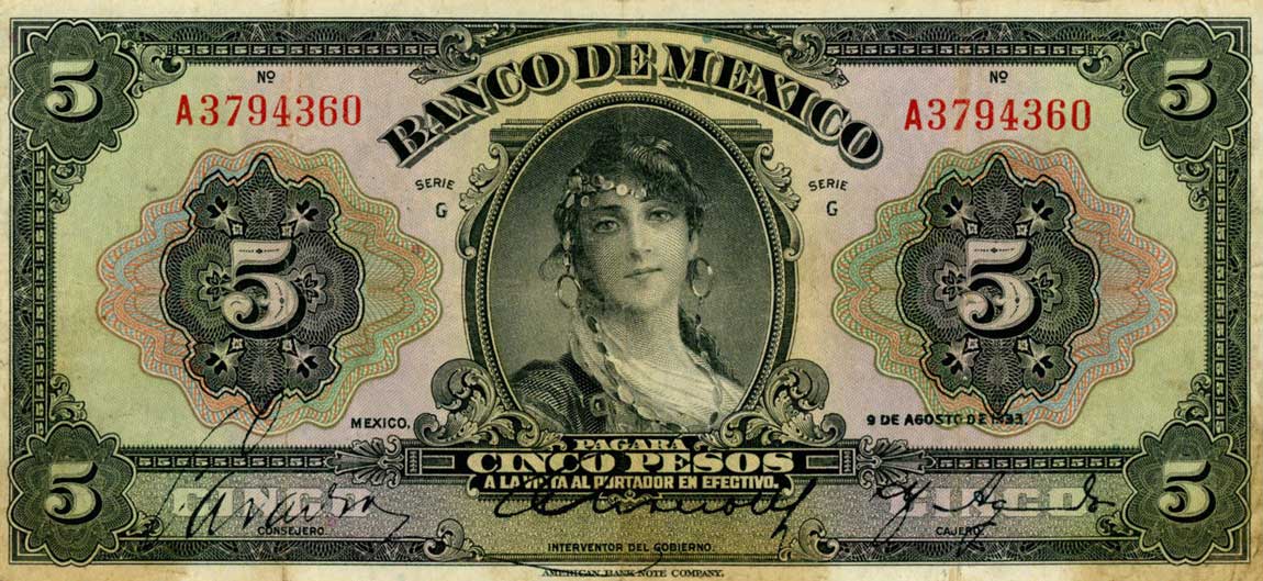 Front of Mexico p21f: 5 Pesos from 1933