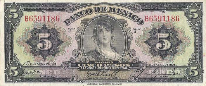 Front of Mexico p29a: 5 Pesos from 1936