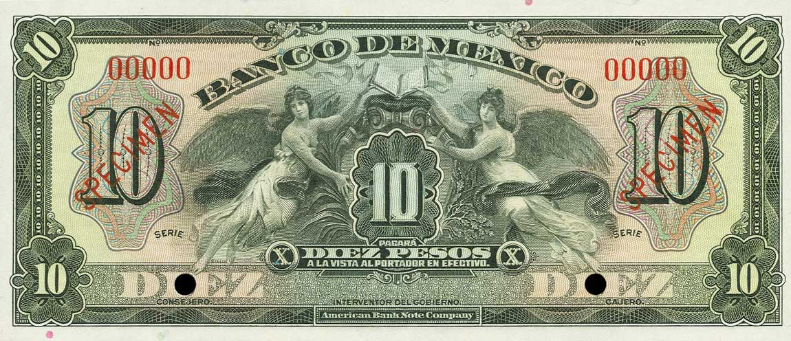 Front of Mexico p30s: 10 Pesos from 1936
