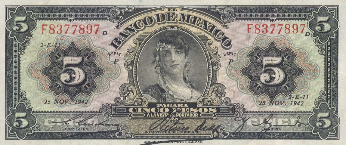 Front of Mexico p34d: 5 Pesos from 1942