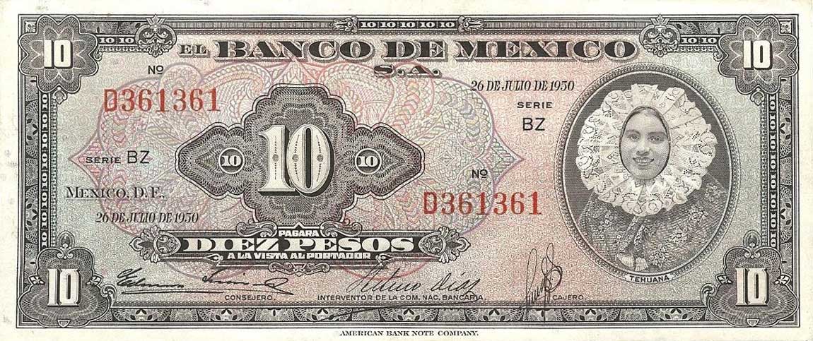 Front of Mexico p47e: 10 Pesos from 1950