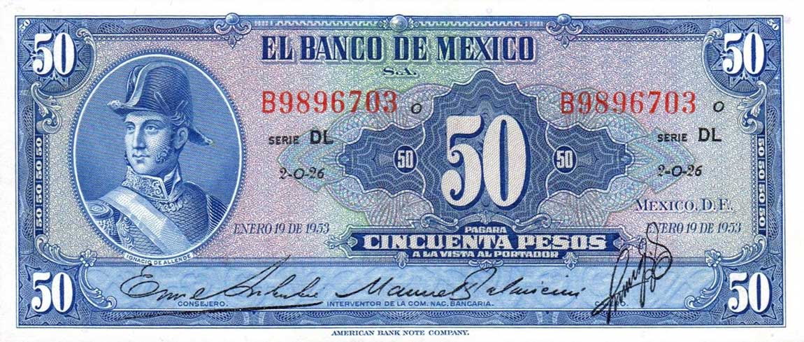 Front of Mexico p49e: 50 Pesos from 1953