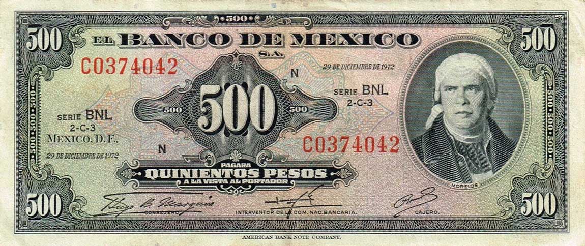 Front of Mexico p51p: 500 Pesos from 1972