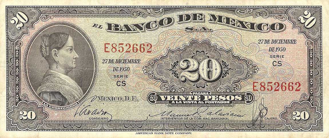 Front of Mexico p54a: 20 Pesos from 1950