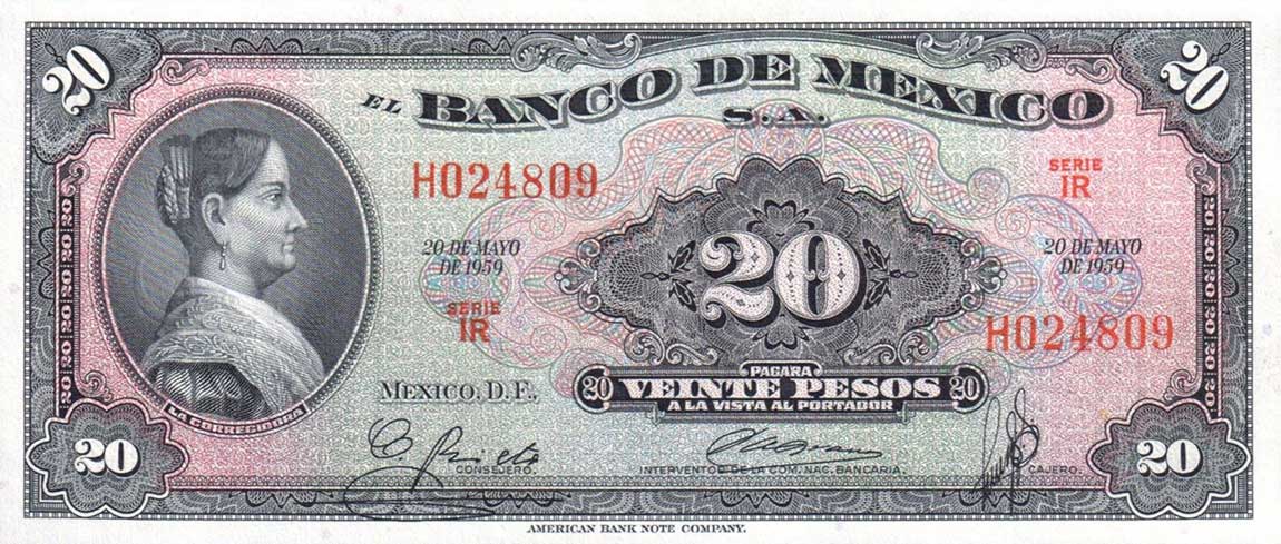 Front of Mexico p54h: 20 Pesos from 1959