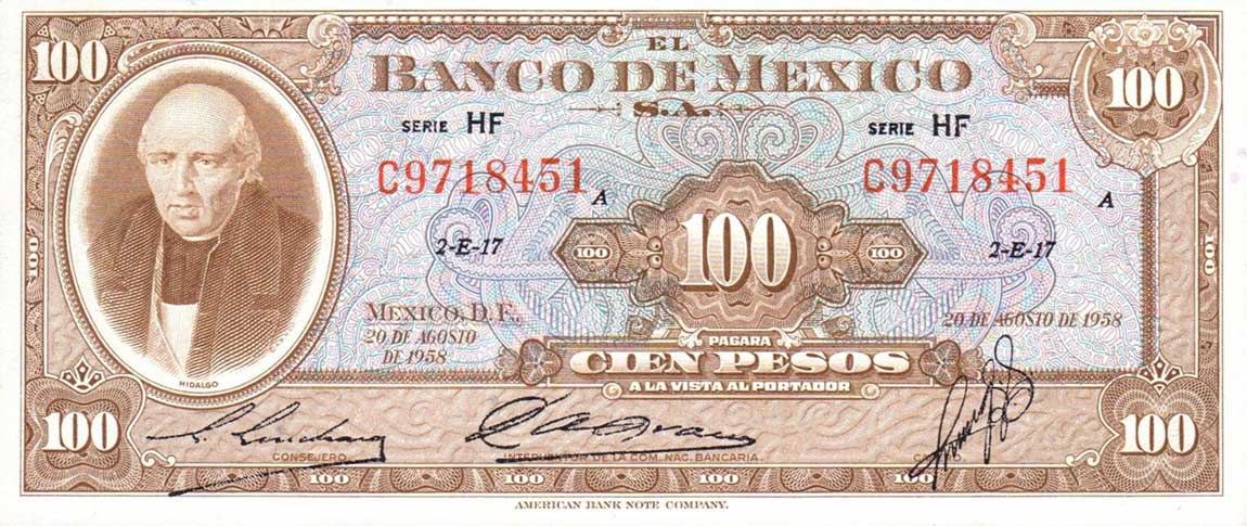 Front of Mexico p55g: 100 Pesos from 1958