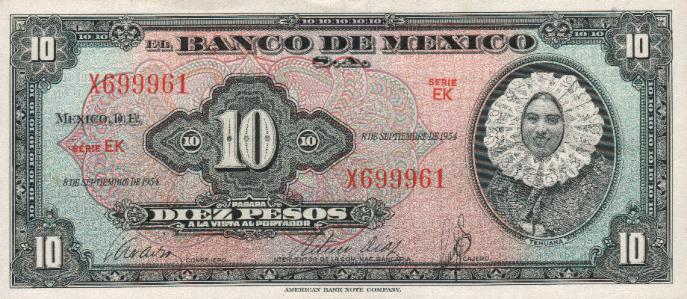 Front of Mexico p58b: 10 Pesos from 1954
