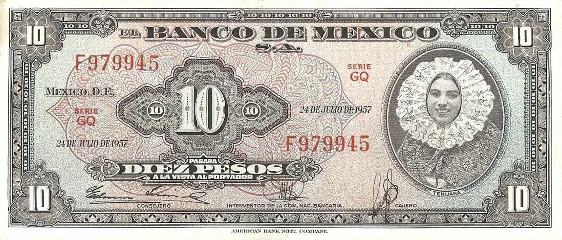 Front of Mexico p58d: 10 Pesos from 1957