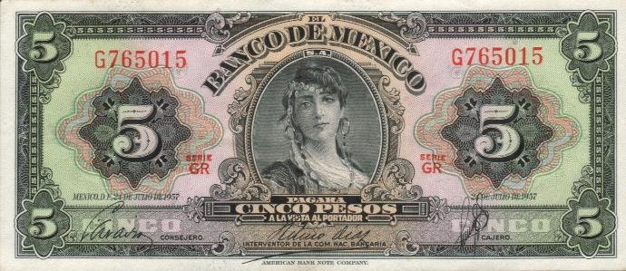 Front of Mexico p60b: 5 Pesos from 1957