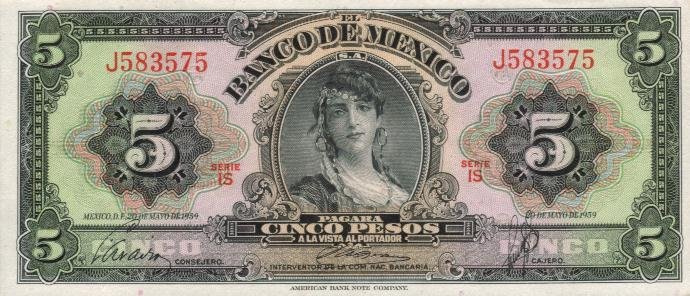 Front of Mexico p60e: 5 Pesos from 1959