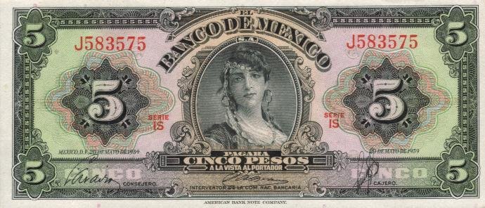 Front of Mexico p60e: 5 Pesos from 1959