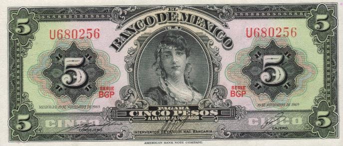 Front of Mexico p60j: 5 Pesos from 1969