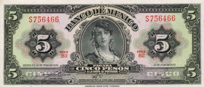 Front of Mexico p60k: 5 Pesos from 1970