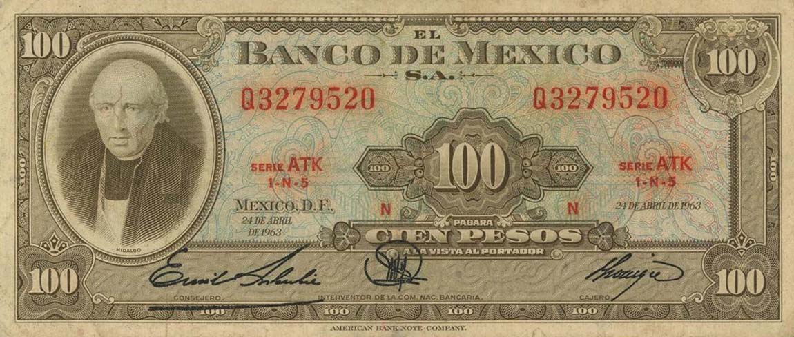 Front of Mexico p61b: 100 Pesos from 1963