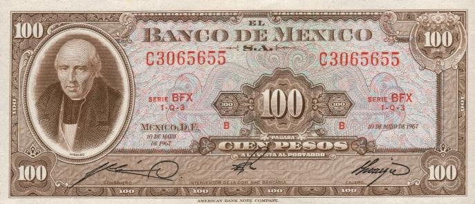 Front of Mexico p61d: 100 Pesos from 1967