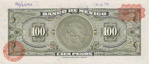 Back of Mexico p61r: 100 Pesos from 1961