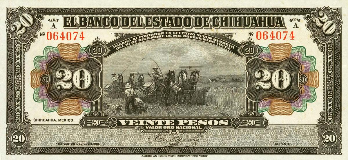 Front of Mexico pS134a: 20 Pesos from 1913