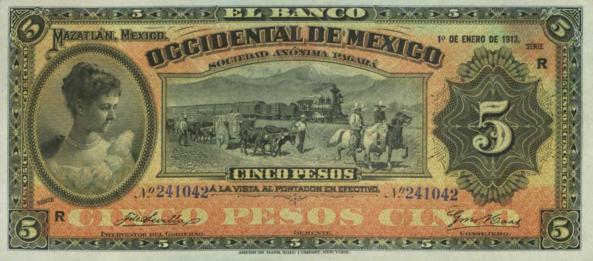 Front of Mexico pS408d: 5 Pesos from 1898