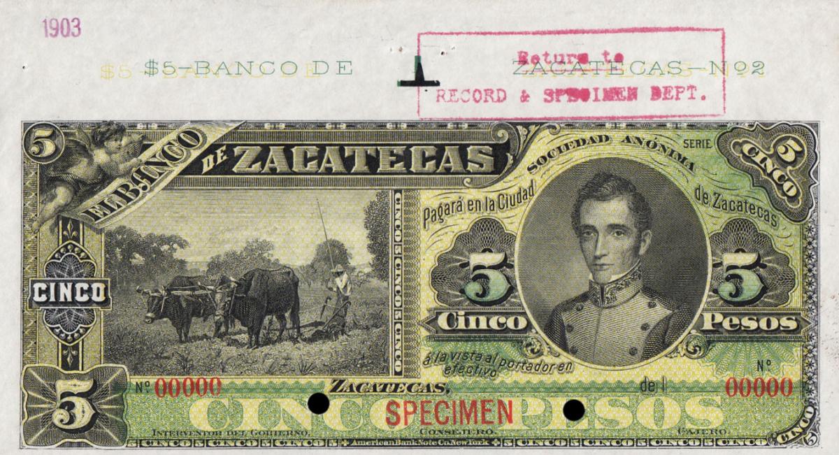 Front of Mexico pS475s: 5 Pesos from 1891