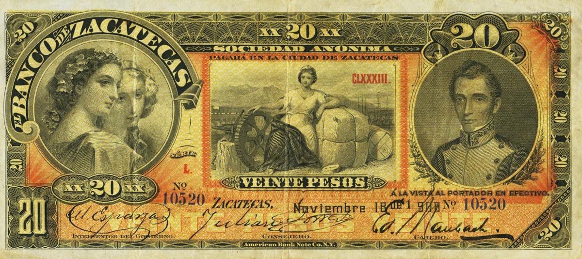 Front of Mexico pS477b: 20 Pesos from 1891