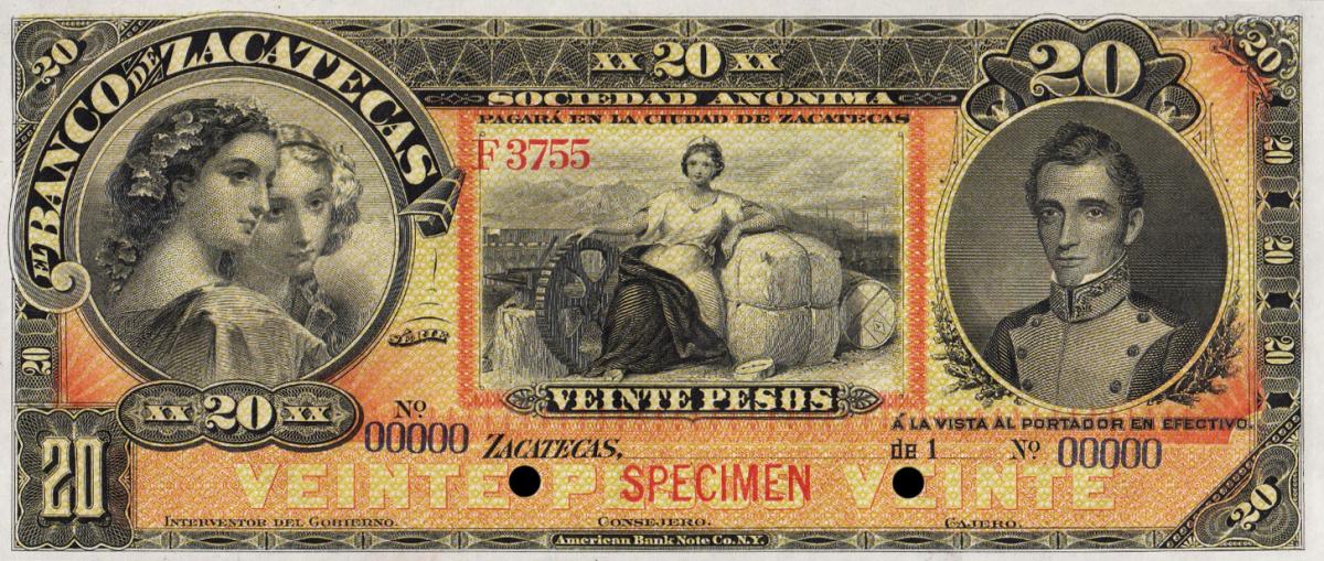 Front of Mexico pS477s: 20 Pesos from 1891