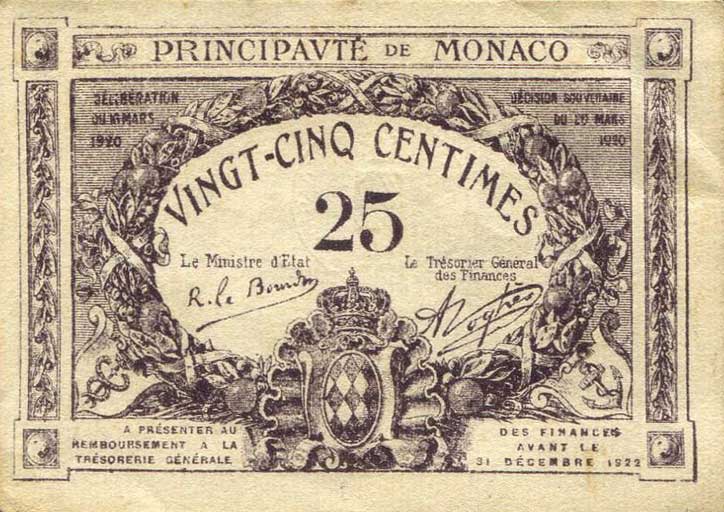 Front of Monaco p2a: 25 Centimes from 1921