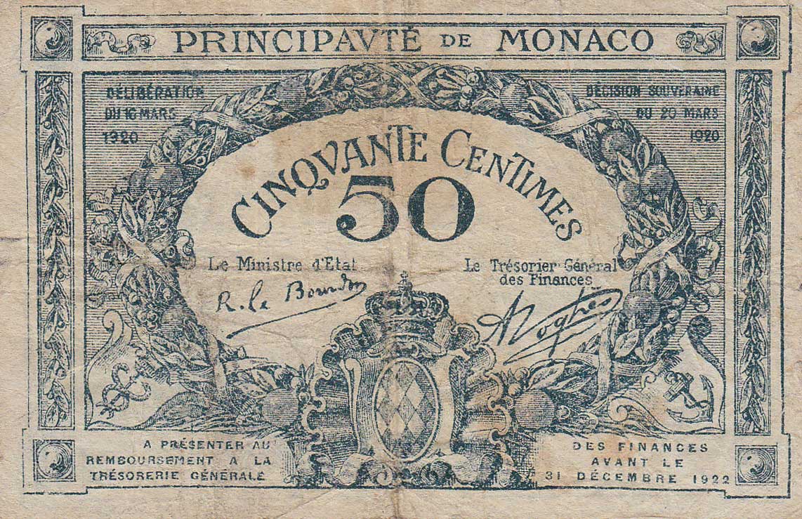 Front of Monaco p3a: 50 Centimes from 1920