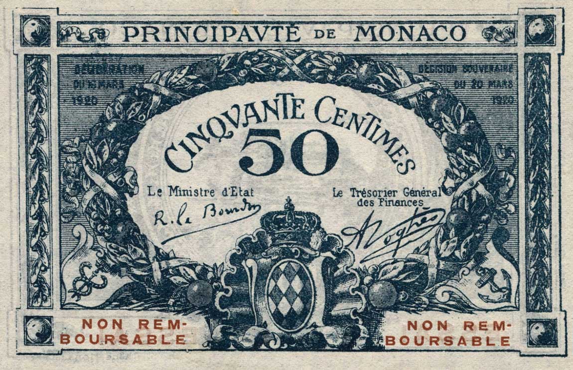 Front of Monaco p3s: 50 Centimes from 1920
