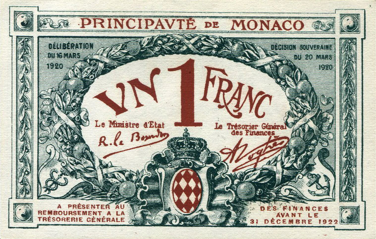 Front of Monaco p5a: 1 Franc from 1920