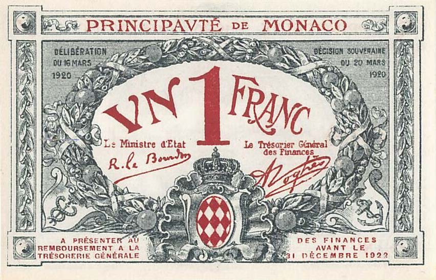 Front of Monaco p5r: 1 Franc from 1920