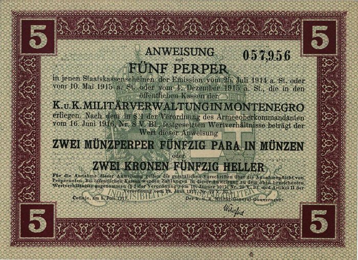 Front of Montenegro pM150: 5 Perpera from 1917