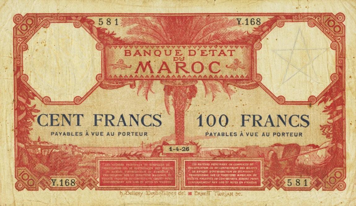 Front of Morocco p14a: 100 Francs from 1919