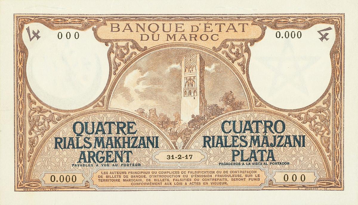 Back of Morocco p1s: 4 Rials from 1917